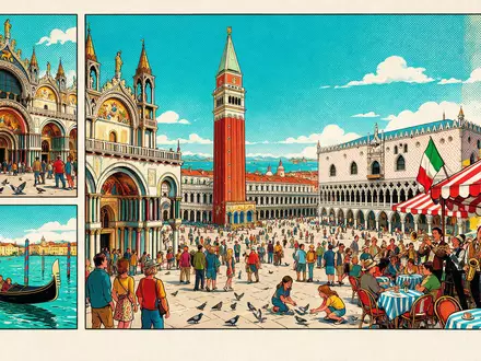 Pop-Art-Comicillustration des Wahrzeichens Markusplatz Venedig in Venedig Italien, kraeftige Konturen Rasterpunkte und satte Farben - Foto: THN