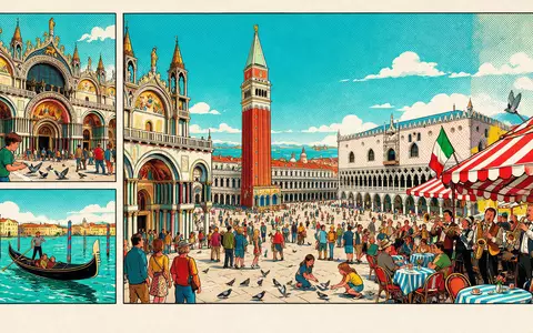 Pop-Art-Comicillustration des Wahrzeichens Markusplatz Venedig in Venedig Italien, kraeftige Konturen Rasterpunkte und satte Farben - Foto: THN