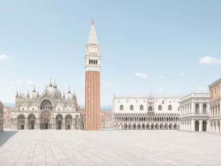 Moderner Architektur-Render zeigt Silhouette von Markusplatz Venedig in Venedig Italien, klare Linien und neutrales Tageslicht - Foto: THN