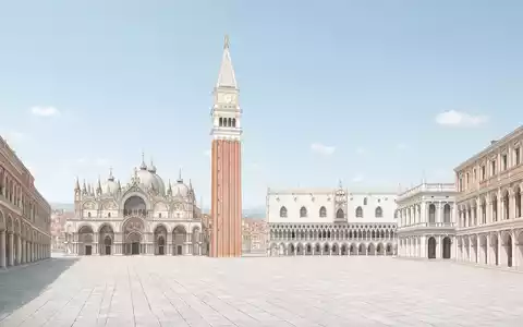 Moderner Architektur-Render zeigt Silhouette von Markusplatz Venedig in Venedig Italien, klare Linien und neutrales Tageslicht - Foto: THN