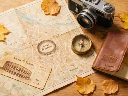 Flatlay-Reise-Arrangement rund um Arena von Verona in Verona Italien, Karte Kompass Kamera und generische Reiserequisiten - Foto: THN