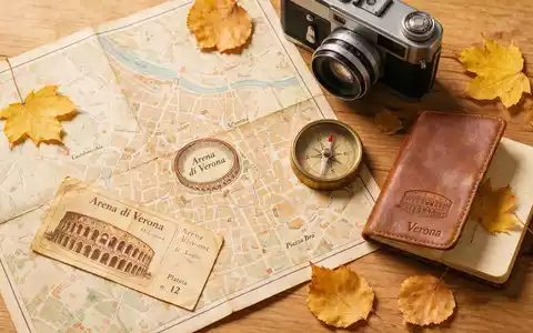 Flatlay-Reise-Arrangement rund um Arena von Verona in Verona Italien, Karte Kompass Kamera und generische Reiserequisiten - Foto: THN