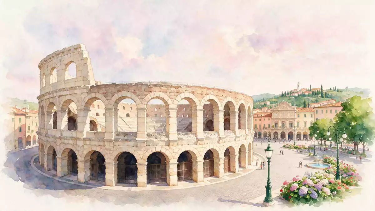 Aquarell-Illustration von Arena von Verona in Verona, Italien als Reiseposter
