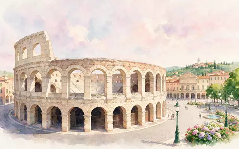 Aquarellillustration des Wahrzeichens Arena von Verona in Verona Italien, weiche Farbverläufe und pastelliges Reiseposter-Feeling - Foto: THN