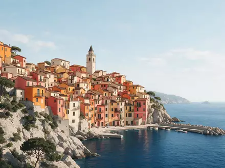 Moderner Architektur-Render zeigt Silhouette von Cinque Terre in La Spezia Italien, klare Linien und neutrales - Foto: THN