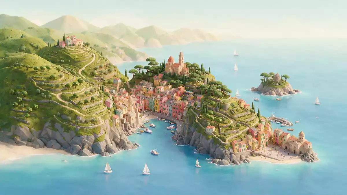 Isometrisches Diorama von Cinque Terre in La Spezia, Italien in Pastell