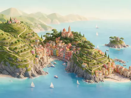 Isometrisches Diorama von Cinque Terre und Umgebung in La Spezia Italien, verspielte Low-Poly-Kulisse in Pastellfarben - Foto: THN
