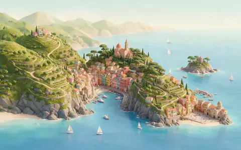 Isometrisches Diorama von Cinque Terre und Umgebung in La Spezia Italien, verspielte Low-Poly-Kulisse in Pastellfarben - Foto: THN