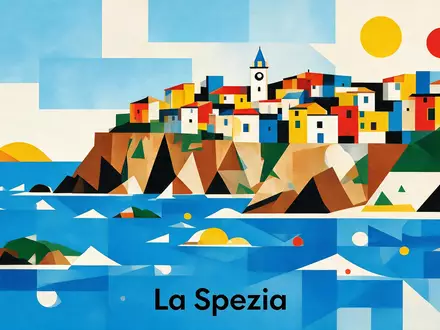 Bauhaus-Poster als geometrische Abstraktion von Cinque Terre in La Spezia Italien, kraeftige Grundfarben und harte - Foto: THN