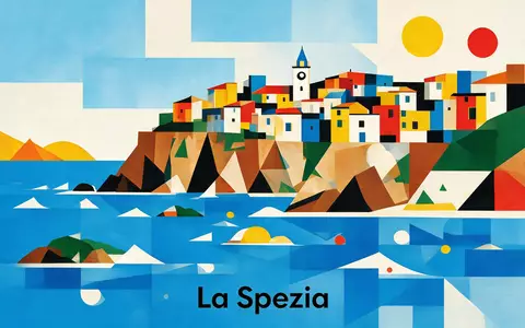 Bauhaus-Poster als geometrische Abstraktion von Cinque Terre in La Spezia Italien, kraeftige Grundfarben und harte - Foto: THN