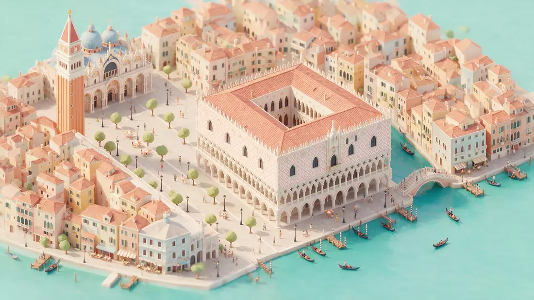 Isometrisches Diorama von Dogenpalast Venedig in Venedig, Italien in Pastell