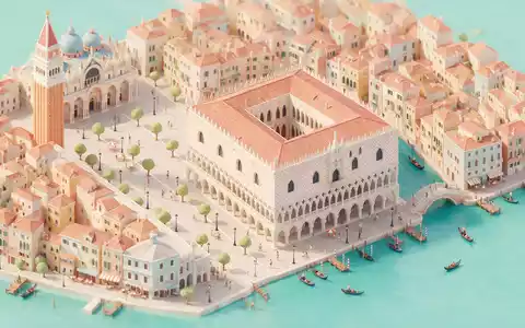 Isometrisches Diorama von Dogenpalast Venedig und Umgebung in Venedig Italien, verspielte Low-Poly-Kulisse in Pastellfarben - Foto: THN