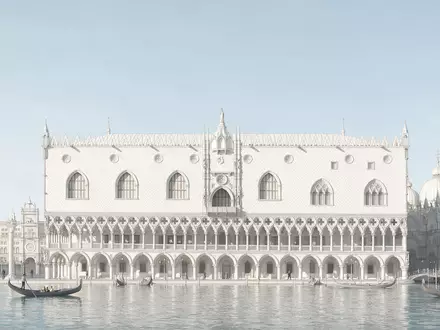 Moderner Architektur-Render zeigt Silhouette von Dogenpalast Venedig in Venedig Italien, klare Linien und neutrales Tageslicht - Foto: THN