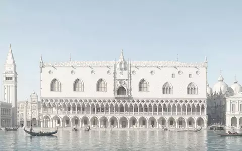 Moderner Architektur-Render zeigt Silhouette von Dogenpalast Venedig in Venedig Italien, klare Linien und neutrales Tageslicht - Foto: THN
