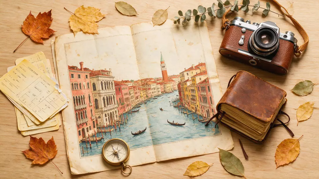 Flatlay-Reise-Arrangement rund um Canal Grande Venedig in Venedig, Italien