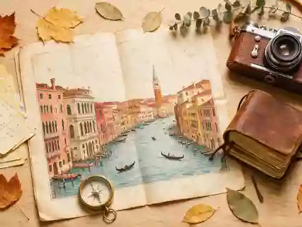 Flatlay-Reise-Arrangement rund um Canal Grande Venedig in Venedig Italien, Karte Kompass Kamera und generische Reiserequisiten - Foto: THN