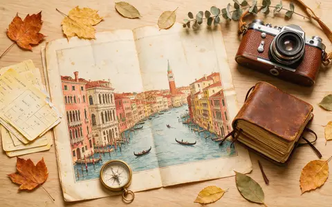 Flatlay-Reise-Arrangement rund um Canal Grande Venedig in Venedig Italien, Karte Kompass Kamera und generische Reiserequisiten - Foto: THN