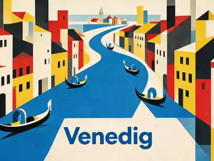 Bauhaus-Poster als geometrische Abstraktion von Canal Grande Venedig in Venedig Italien, kraeftige Grundfarben und harte - Foto: THN