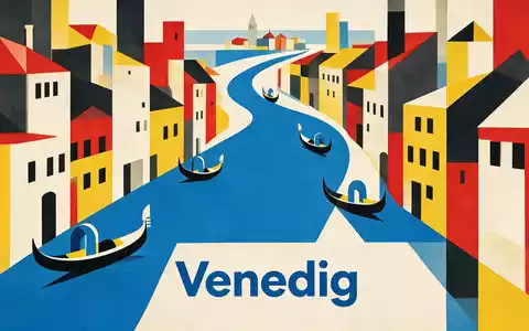 Bauhaus-Poster als geometrische Abstraktion von Canal Grande Venedig in Venedig Italien, kraeftige Grundfarben und harte - Foto: THN
