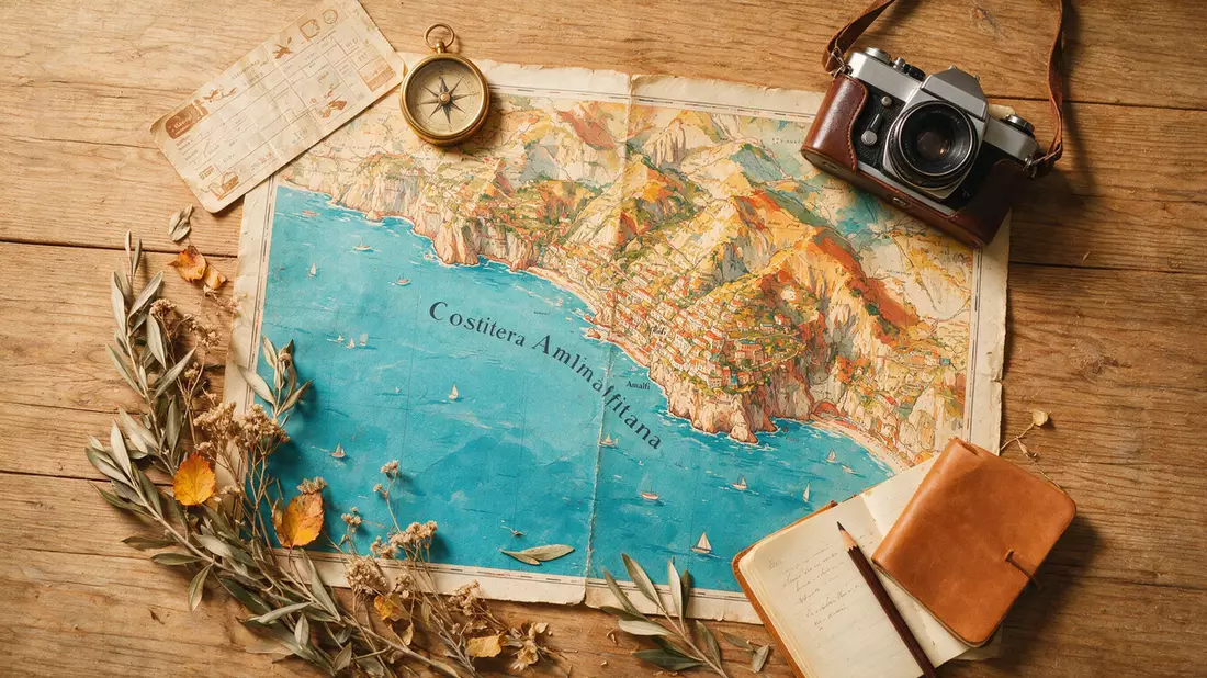 Flatlay-Reise-Arrangement rund um Amalfiküste in Amalfi, Italien