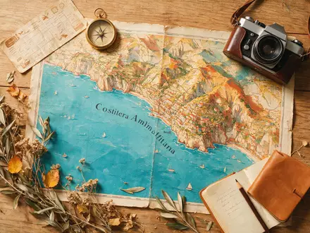 Flatlay-Reise-Arrangement rund um Amalfiküste in Amalfi Italien, Karte Kompass Kamera und generische Reiserequisiten - Foto: THN