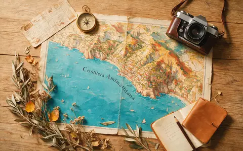 Flatlay-Reise-Arrangement rund um Amalfiküste in Amalfi Italien, Karte Kompass Kamera und generische Reiserequisiten - Foto: THN