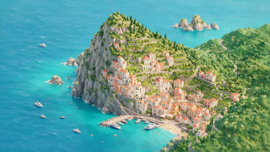Isometrisches Diorama von Amalfiküste in Amalfi, Italien in Pastell