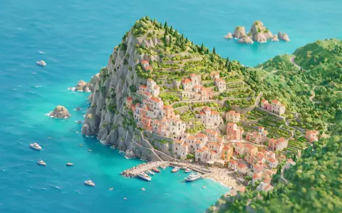 Isometrisches Diorama von Amalfiküste und Umgebung in Amalfi Italien, verspielte Low-Poly-Kulisse in Pastellfarben - Foto: THN