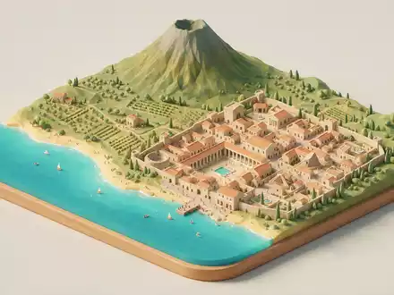 Isometrisches Diorama von Pompeji und Umgebung in Pompeji Italien, verspielte Low-Poly-Kulisse in Pastellfarben - Foto: THN