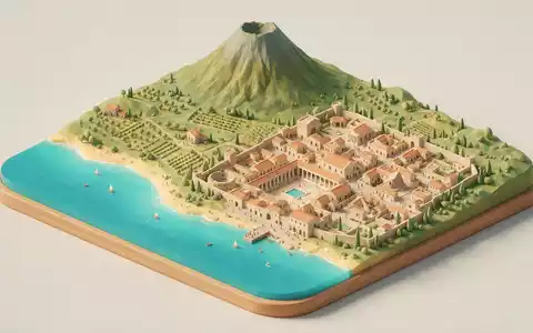 Isometrisches Diorama von Pompeji und Umgebung in Pompeji Italien, verspielte Low-Poly-Kulisse in Pastellfarben - Foto: THN