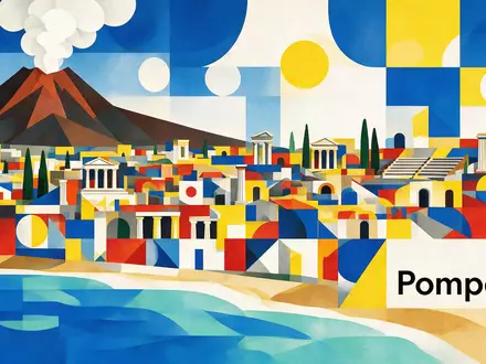 Bauhaus-Poster als geometrische Abstraktion von Pompeji in Pompeji Italien, kraeftige Grundfarben und harte Formkanten - Foto: THN