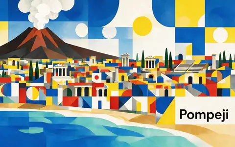 Bauhaus-Poster als geometrische Abstraktion von Pompeji in Pompeji Italien, kraeftige Grundfarben und harte Formkanten - Foto: THN
