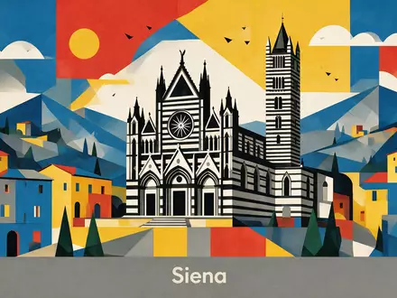 Bauhaus-Poster als geometrische Abstraktion von Dom von Siena in Siena Italien, kraeftige Grundfarben und harte - Foto: THN