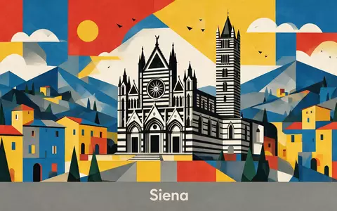 Bauhaus-Poster als geometrische Abstraktion von Dom von Siena in Siena Italien, kraeftige Grundfarben und harte - Foto: THN