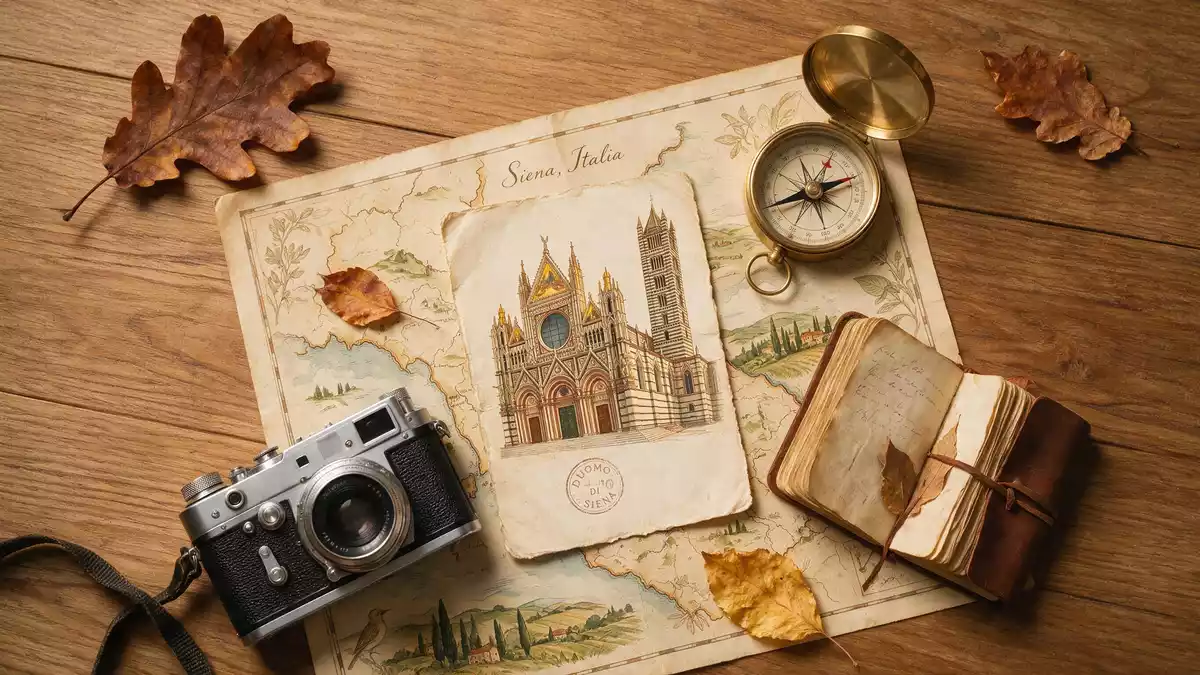 Flatlay-Reise-Arrangement rund um Dom von Siena in Siena, Italien
