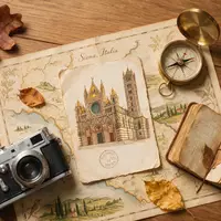 Flatlay-Reise-Arrangement rund um Dom von Siena in Siena Italien, Karte Kompass Kamera und generische Reiserequisiten - Foto: THN