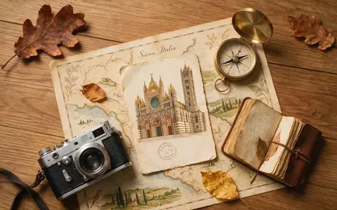 Flatlay-Reise-Arrangement rund um Dom von Siena in Siena Italien, Karte Kompass Kamera und generische Reiserequisiten - Foto: THN