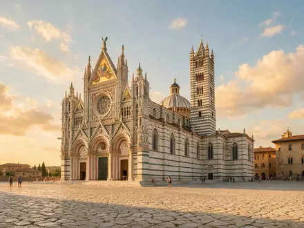 Fotorealistische Panoramaaufnahme von Dom von Siena in Siena Italien, warmes Abendlicht auf Wahrzeichen - Foto: THN