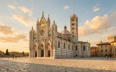 Fotorealistische Panoramaaufnahme von Dom von Siena in Siena Italien, warmes Abendlicht auf Wahrzeichen - Foto: THN