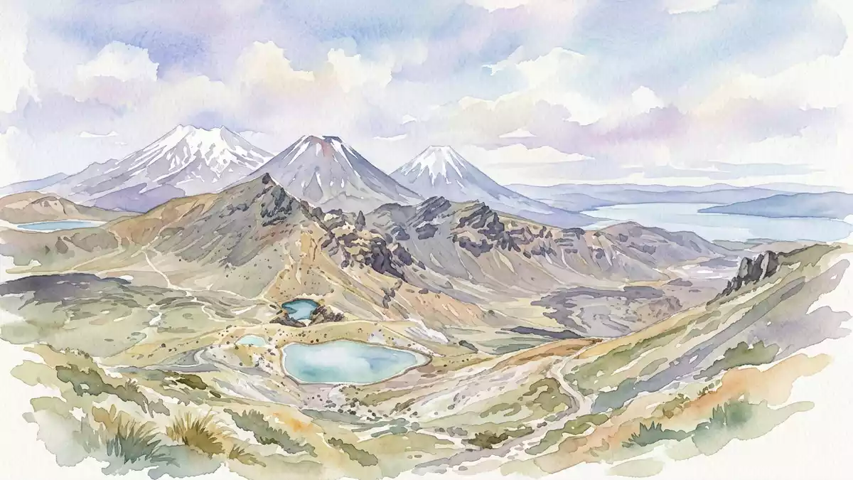 Aquarell-Illustration von Tongariro National Park in Taupo, Neuseeland als Reiseposter