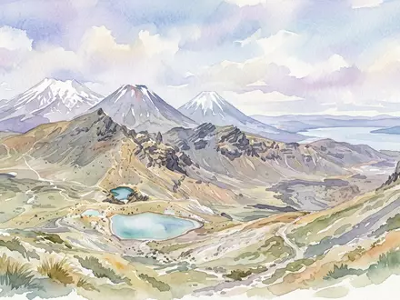 Aquarellillustration des Wahrzeichens Tongariro National Park in Taupo Neuseeland, weiche Farbverläufe und pastelliges Reiseposter-Feeling - Foto: THN