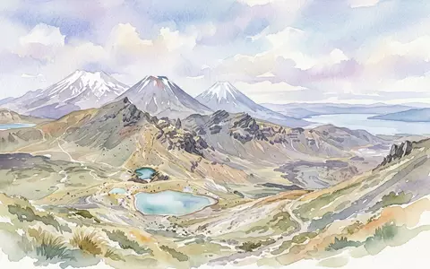 Aquarellillustration des Wahrzeichens Tongariro National Park in Taupo Neuseeland, weiche Farbverläufe und pastelliges Reiseposter-Feeling - Foto: THN