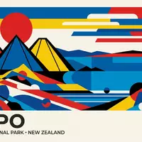 Bauhaus-Poster als geometrische Abstraktion von Tongariro National Park in Taupo Neuseeland, kraeftige Grundfarben und harte - Foto: THN
