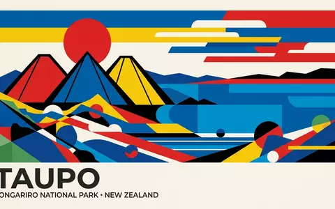 Bauhaus-Poster als geometrische Abstraktion von Tongariro National Park in Taupo Neuseeland, kraeftige Grundfarben und harte - Foto: THN