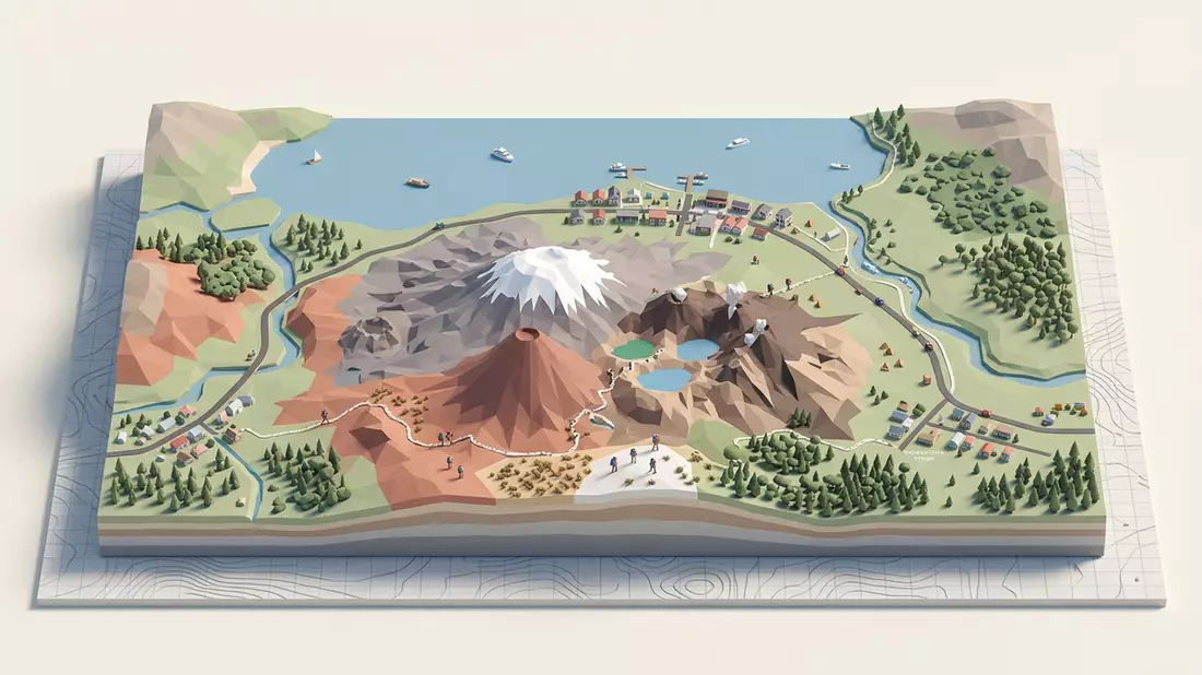 Isometrisches Diorama von Tongariro National Park in Taupo, Neuseeland in Pastell