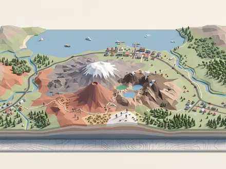 Isometrisches Diorama von Tongariro National Park und Umgebung in Taupo Neuseeland, verspielte Low-Poly-Kulisse in Pastellfarben - Foto: THN