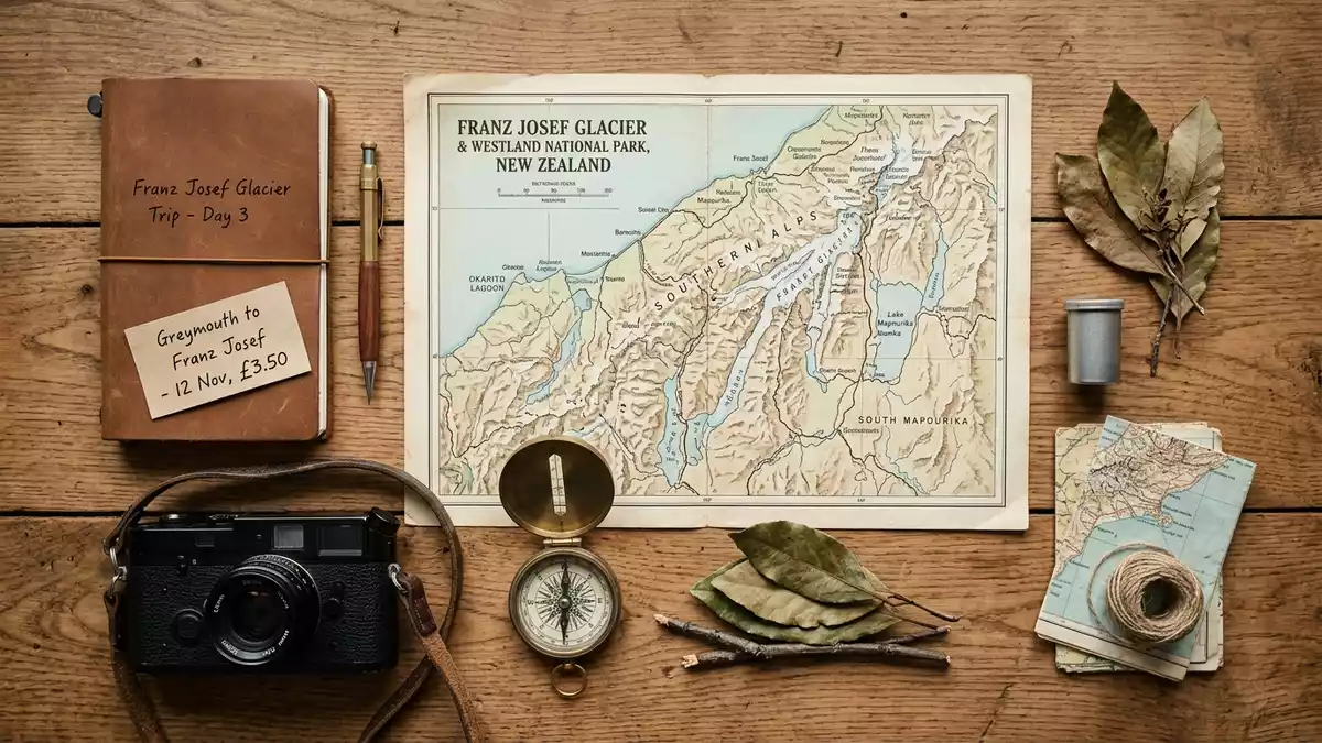 Flatlay-Reise-Arrangement rund um Franz-Josef-Gletscher in Franz Josef, Neuseeland