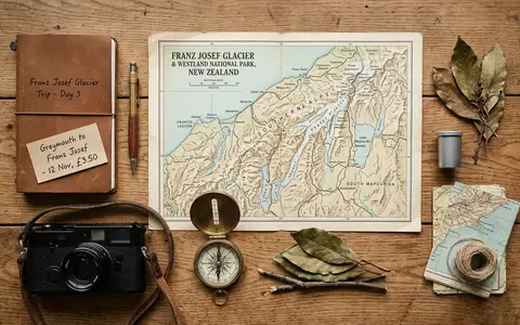 Flatlay-Reise-Arrangement rund um Franz-Josef-Gletscher in Franz Josef Neuseeland, Karte Kompass Kamera und generische Reiserequisiten - Foto: THN