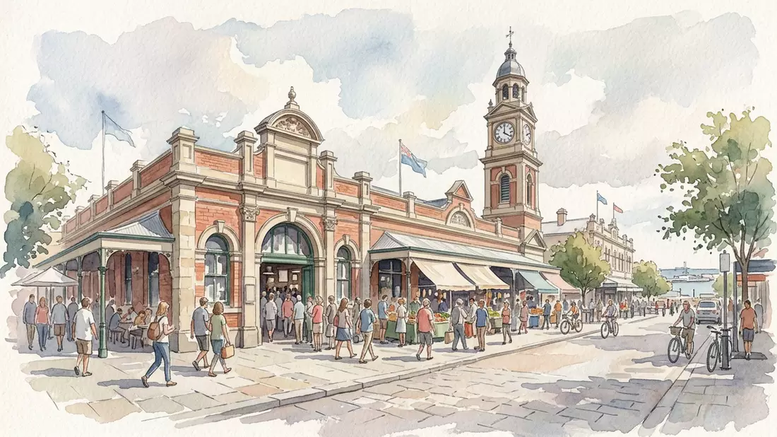 Aquarell-Illustration von Fremantle Markt in Fremantle, Australien als Reiseposter