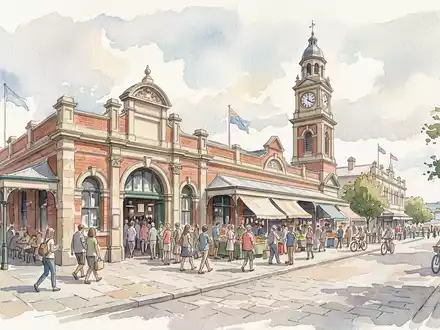 Aquarellillustration des Wahrzeichens Fremantle Markt in Fremantle Australien, weiche Farbverläufe und pastelliges Reiseposter-Feeling - Foto: THN
